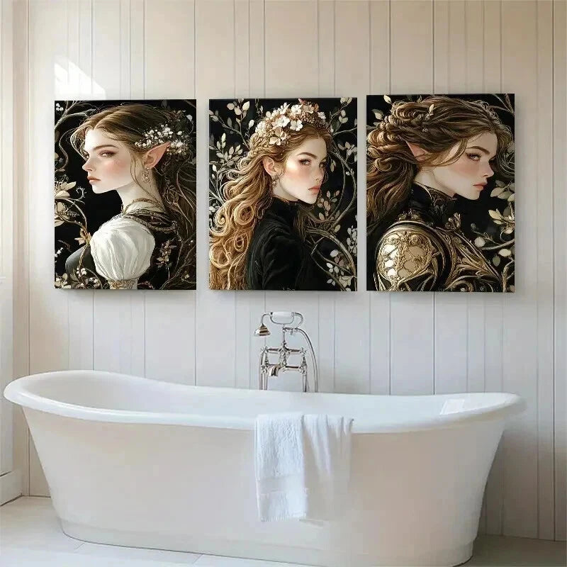 3pcs Enchanted Elven Golden Floral Women Perfect Wall Art Set Canvas Framed 60x90cm - High Quality Print 100% Australian Made Wall Canvas Ready to Hang - Bella Home Decor