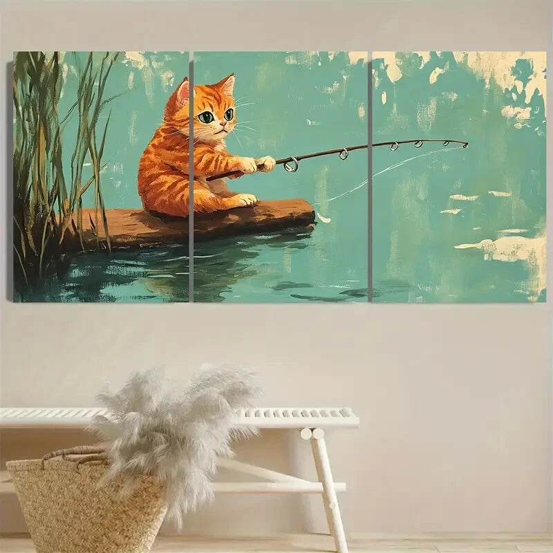 3pcs Cute Whimsical Cat Fishing Retro Design Metal Print Ready to Hang Art - Bella Home Decor