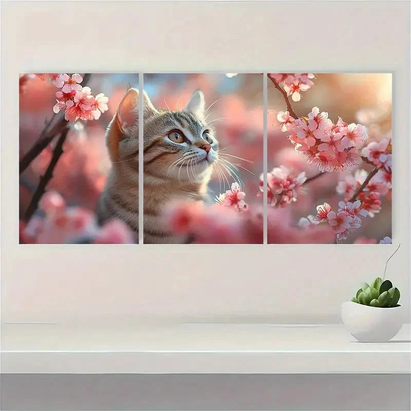 3pcs Cherry Blossom Cat Spring Themed Metal Print Ready to Hang Art - Bella Home Decor