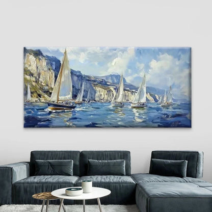 Sailboats on Sea with Cliffs Wall Art Canvas Office Home Room Framed 120x60cm