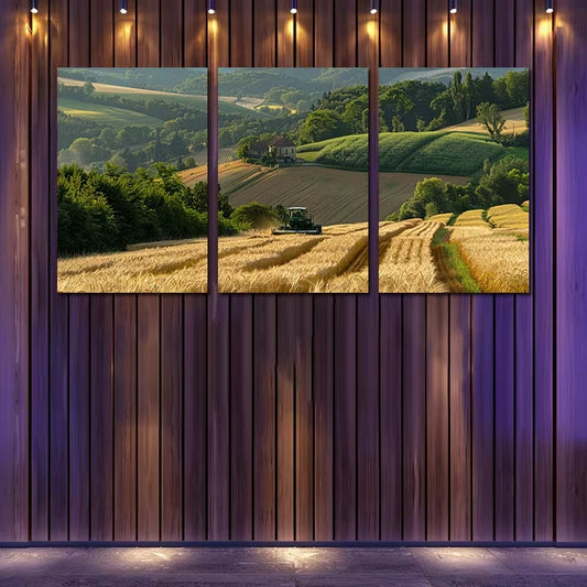 3pcs Golden Valley Harvest Scene with Tractor Wall Art Set Canvas Framed 60x90cm - High Quality Print 100% Australian Made Wall Canvas Ready to Hang