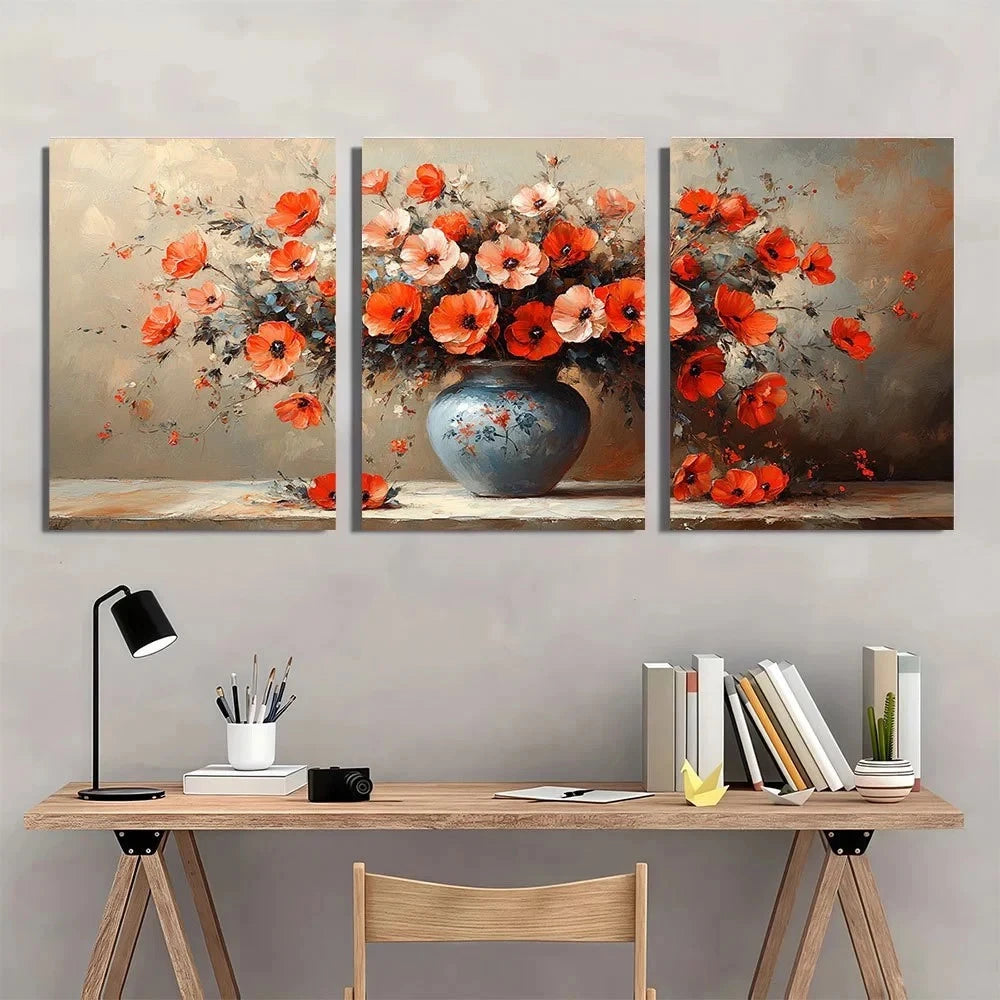 3pcs Abstract Floral And Vase Themed Metal Print Ready to Hang Art - Bella Home Decor