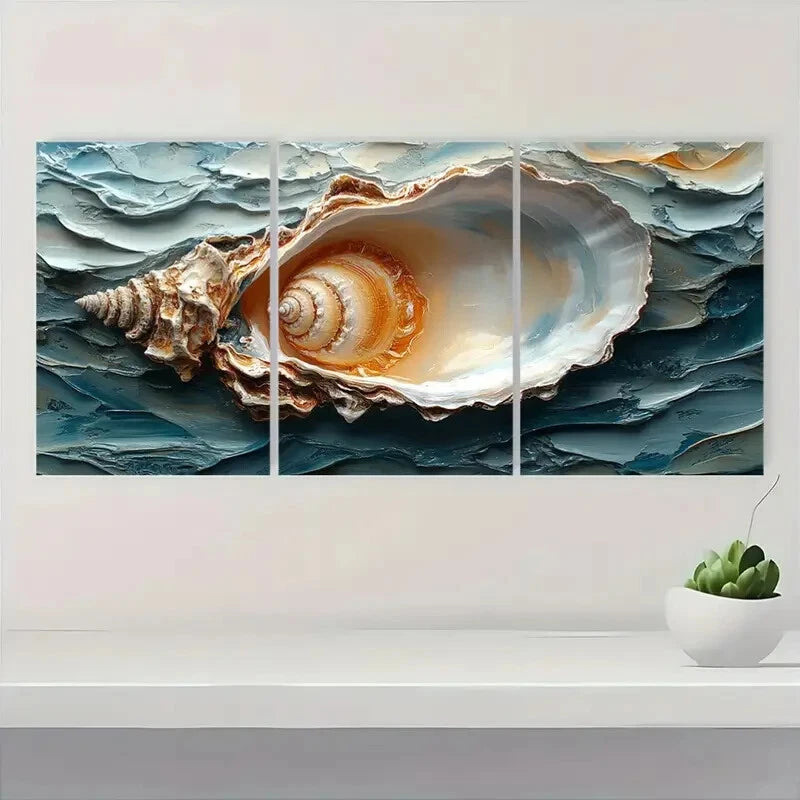 3pcs Vibrant Blue & Orange Oyster Shell Metal Print Ready to Hang Art
