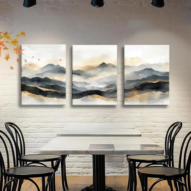 3pcs Beige & Gray Tones Misty Mountain Wall Art Metal Print Ready to Hang Art - Bella Home Decor