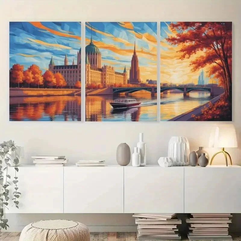 3pcs Cityscape Panels with Autumn Trees Metal Print Ready to Hang Art - Bella Home Decor