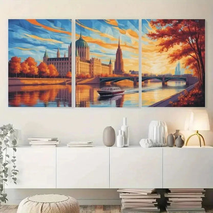 3pcs Cityscape Panels with Autumn Trees Metal Print Ready to Hang Art - Bella Home Decor