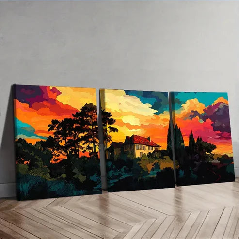 3pcs Mansion Surrounded by trees Wall Art Set Canvas Unframed - High Quality Print 100% Australian Made Wall Canvas
