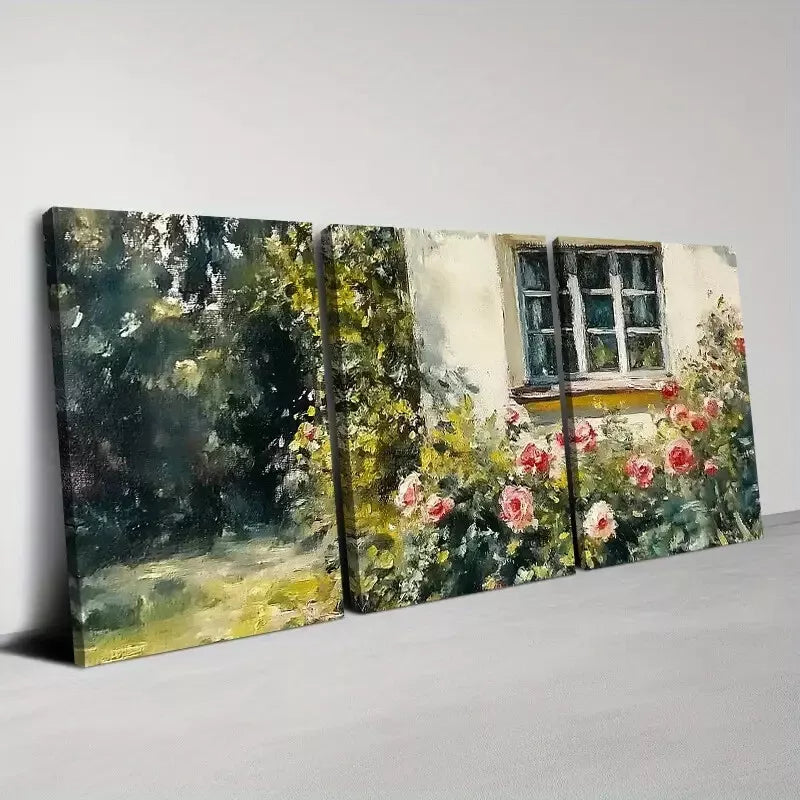 3pcs Retro Beautiful Garden with Floral Painting Wall Art Set Canvas Framed 50x70cm - High Quality Print 100% Australian Made Wall Canvas Ready to Hang