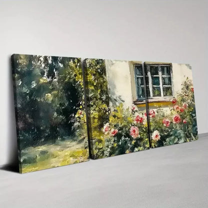 3pcs Retro Beautiful Garden with Floral Painting Wall Art Set Canvas Framed 50x70cm - High Quality Print 100% Australian Made Wall Canvas Ready to Hang