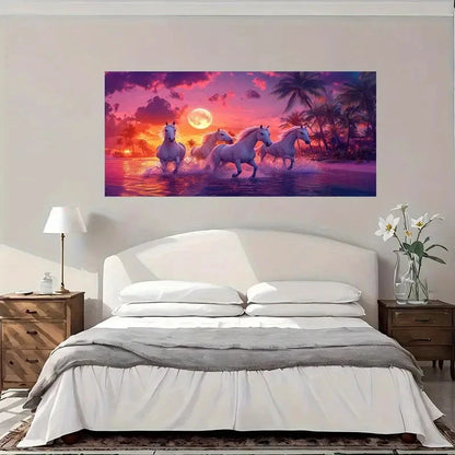 White horses Sunset Palm Wall Art Canvas Office Home Room Framed 120x60cm