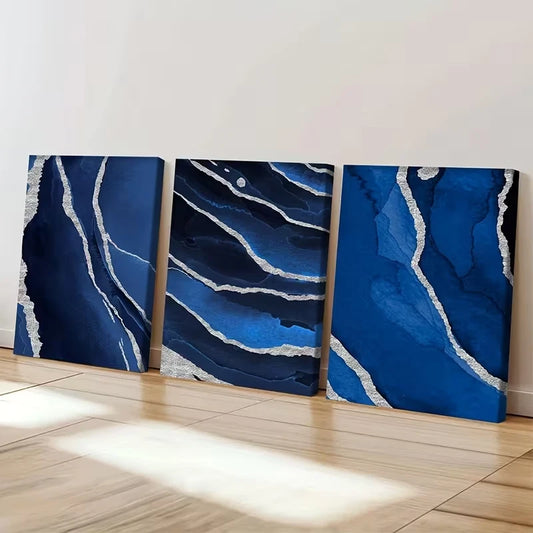3pcs Navy Blue and Silvery Paintings Wall Art Set Canvas Framed 60x90cm - High Quality Print 100% Australian Made Wall Canvas Ready to Hang