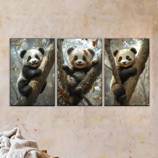 3pcs Three panda bears are sitting in a tree Wall Art Set Canvas Framed 40x60cm - High Quality Print 100% Australian Made Wall Canvas Ready to Hang