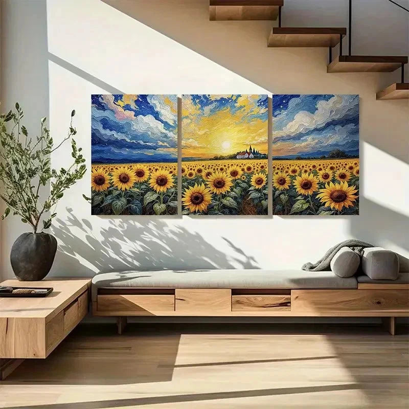 3pcs Van Gogh-Inspired Sunflower Field Metal Print Ready to Hang Art