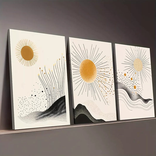 3pcs Minimalist Sun Mountain Modern Abstract Wall Art Set Canvas Framed 50x70cm - High Quality Print 100% Australian Made Wall Canvas Ready to Hang