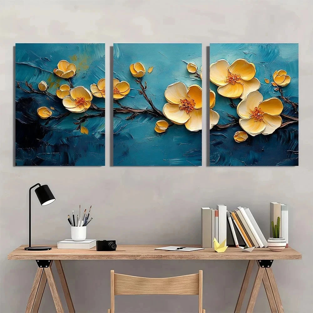 3pcs Yellow Flower Branch Textured Metal Print Ready to Hang Art - Bella Home Decor