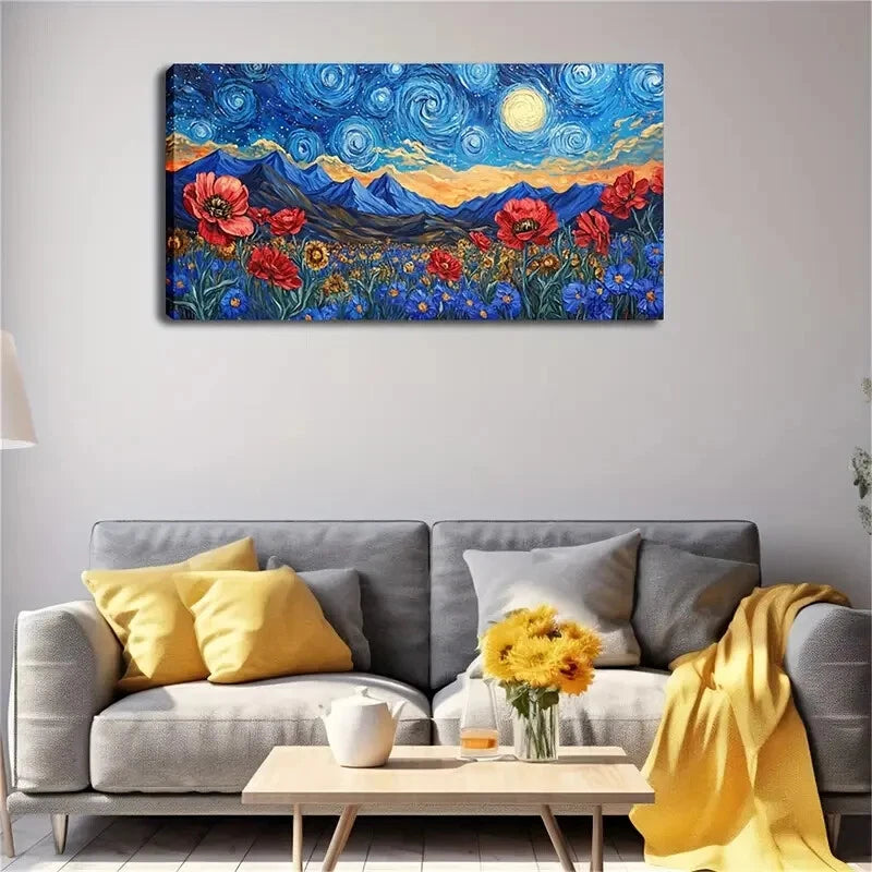 Rotating Blue Starry Sky Yellow Wall Art Canvas Office Home Room Framed 120x60cm - Bella Home Decor