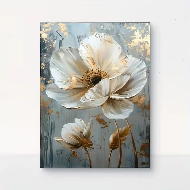 White Floral with Golden Accents European Style Metal Print Ready to Hang