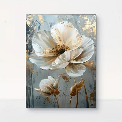 White Floral with Golden Accents European Style Metal Print Ready to Hang