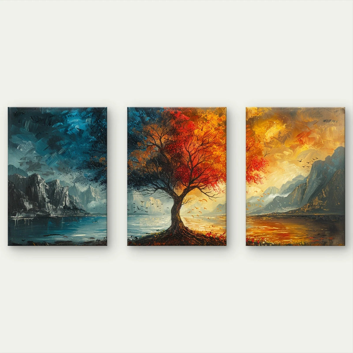 3pcs Rainbow Four Seasons Tree Wall Art Set Canvas Framed 40x60cm - High Quality Print 100% Australian Made Wall Canvas Ready to Hang