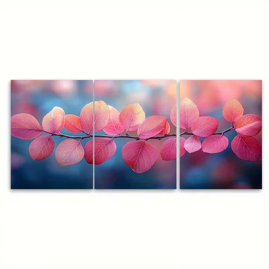 3pcs Vibrant Pink Foliage with Blue Sky Metal Print Ready to Hang Art
