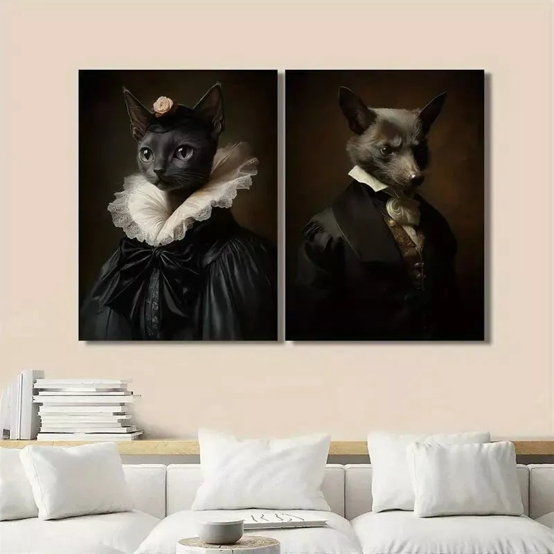 2pcs Black Cat & Bat Gothic Renaissance Portrait Canvas Framed 50x75cm - High Quality Print 100% Australian Made Wall Canvas Ready to Hang - Bella Home Decor