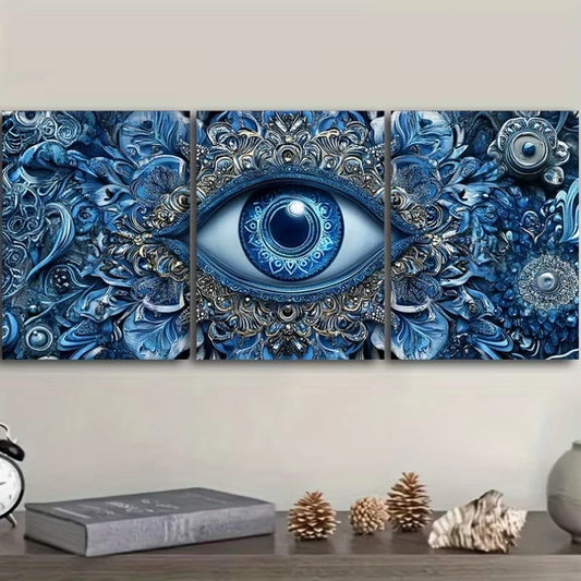 3pcs Blue Evil Eye Intricate Floral Patterns Metal Print Ready to Hang Art
