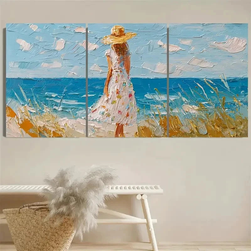 3pcs Beach Woman in Hat Art Ocean Wall Art Set Canvas Framed 50x70cm - High Quality Print 100% Australian Made Wall Canvas Ready to Hang - Bella Home Decor