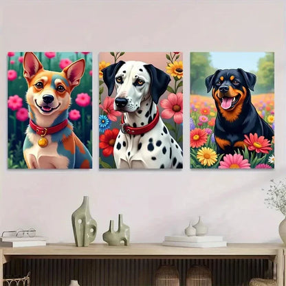 3pcs Vibrant Dog Colorful Pet Paintings Floral Wall Art Set Canvas Unframed - High Quality Print 100% Australian Made Wall Canvas