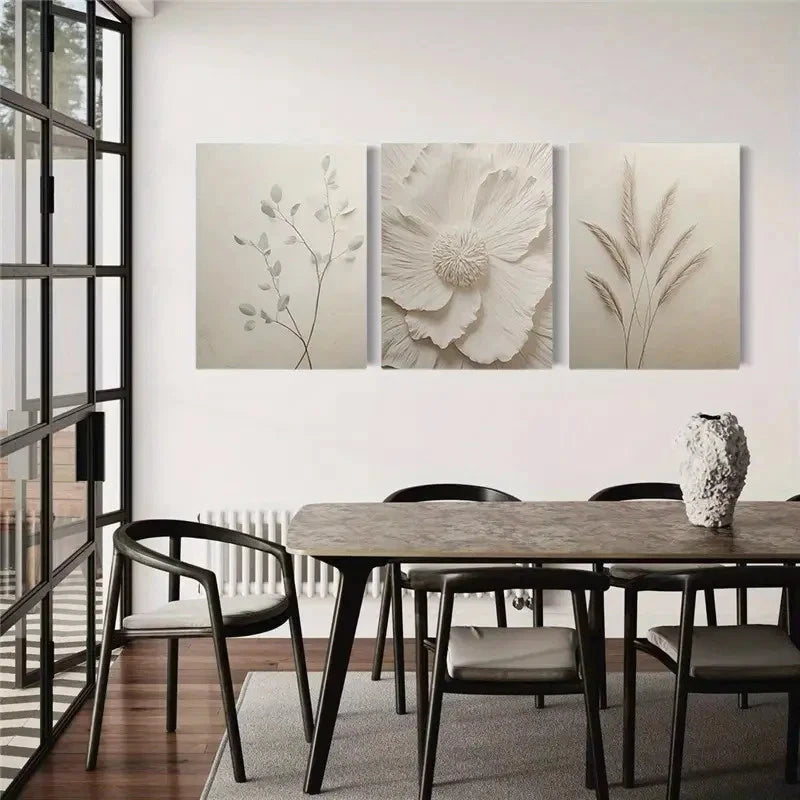 3pcs Elegant Floral and Leaf Designs in Beige Metal Print Ready to Hang Art - Bella Home Decor