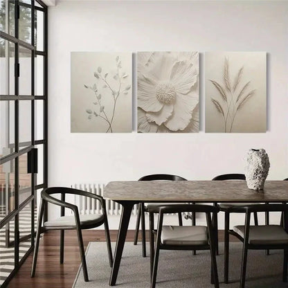 3pcs Elegant Floral and Leaf Designs in Beige Metal Print Ready to Hang Art - Bella Home Decor