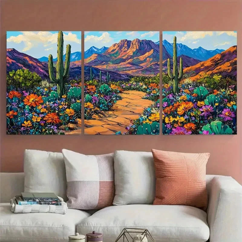 3pcs Southwest Mountain Vibrant Desert Wildflower Metal Print Ready to Hang Art - Bella Home Decor