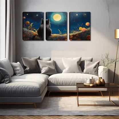 3pcs Under The Moon, A Black Cat Wall Art Set Wall Art Canvas Unframed - High Quality Print 100% Australian Made Wall Canvas