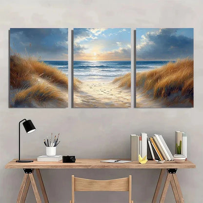 3pcs Blue Sun Beach Grass Ocean Wall Art Set Canvas Unframed - High Quality Print 100% Australian Made Wall Canvas - Bella Home Decor