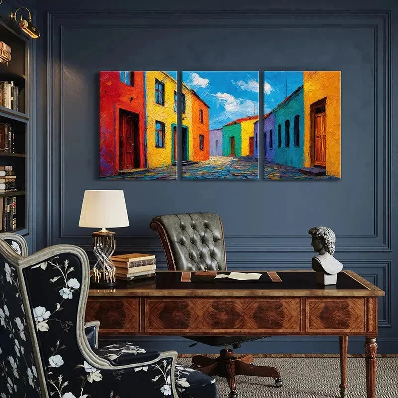 3pcs Vibrant Street Scene Colorful Houses Metal Print Ready to Hang Art - Bella Home Decor