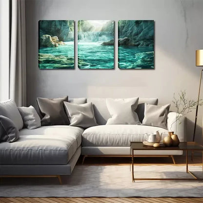3pcs Serene Green Lake Scene with Waterfall Wall Art Canvas Unframed - High Quality Print 100% Australian Made Wall Canvas