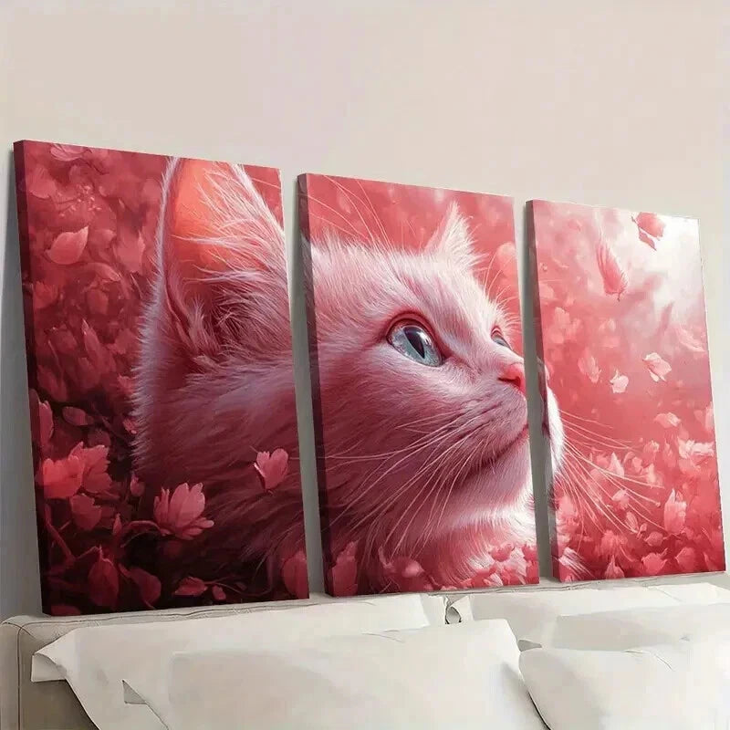 3pcs Feline Decor with Floral Background Wall Art Set Canvas Framed 50x70cm - High Quality Print 100% Australian Made Wall Canvas Ready to Hang
