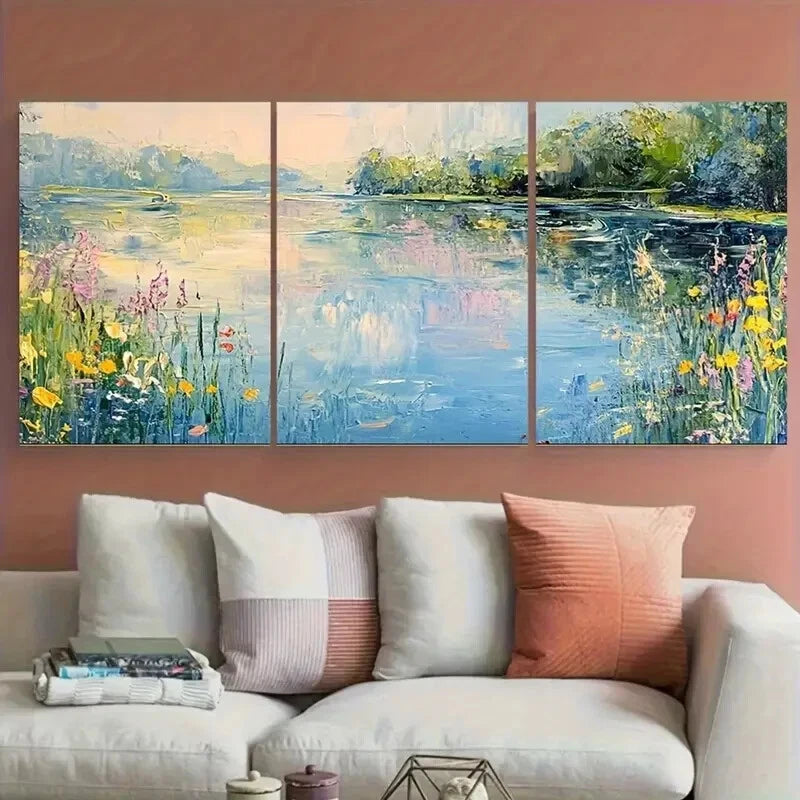 3pcs Impressionist Water Lily Pond & Floral Design Metal Print Ready to Hang Art - Bella Home Decor