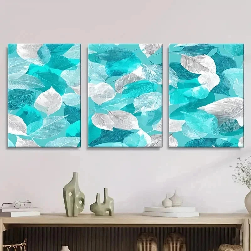 3pcs Turquoise Leaf Floral Abstract Wall Art Set Canvas Framed 60x90cm - High Quality Print 100% Australian Made Wall Canvas Ready to Hang