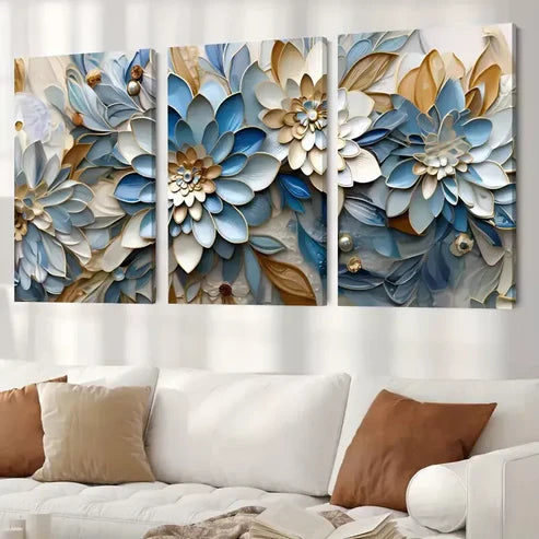 3pcs Blue White and Gold Abstract Flower Pattern Wall Art Set Canvas Unframed - High Quality Print 100% Australian Made Wall Canvas