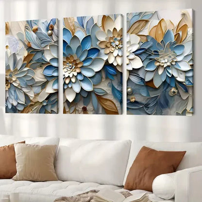 3pcs Blue White and Gold Abstract Flower Pattern Wall Art Set Canvas Unframed - High Quality Print 100% Australian Made Wall Canvas