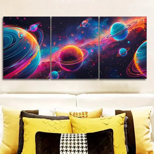 3pcs Neon Galaxy Design with Planets & Stars Wall Art Set Canvas Unframed - High Quality Print 100% Australian Made Wall Canvas - Bella Home Decor