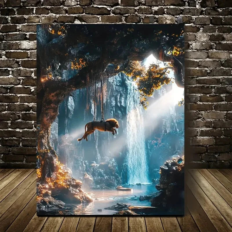 Cyberpunk Lion Swing Scene with Crystal Painting 40x60cm Metal Print Ready to Hang - Bella Home Decor