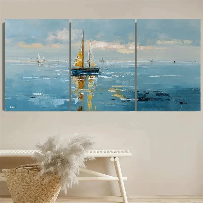 3pcs Nautical Sailboat Seascape Coastal View Wall Art Set Canvas Framed 40x60cm - High Quality Print 100% Australian Made Wall Canvas Ready to Hang