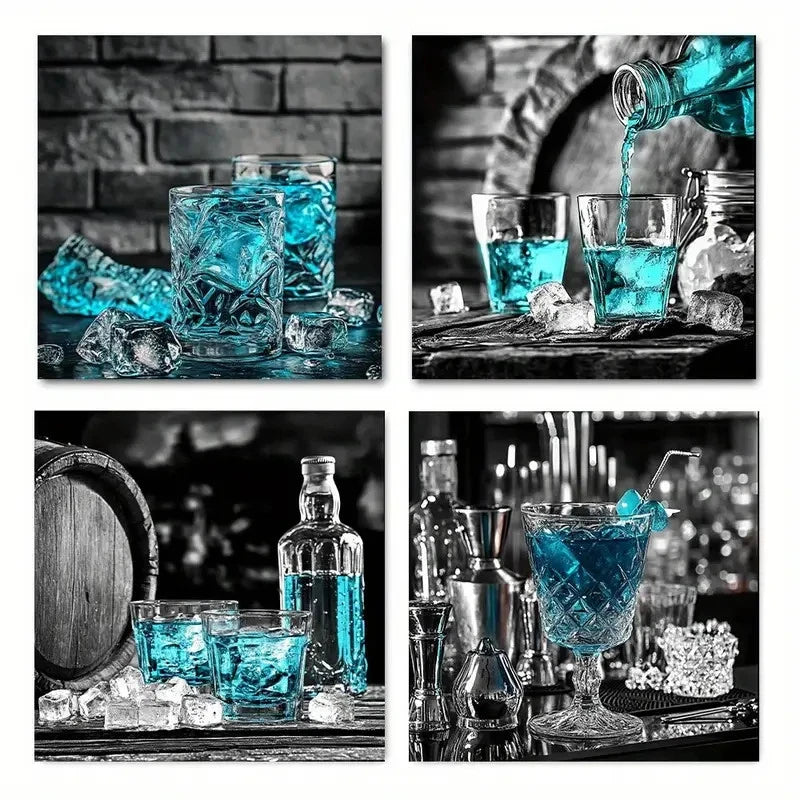 4pcs Abstract Blue Wine Glass Wall Art Canvas Framed