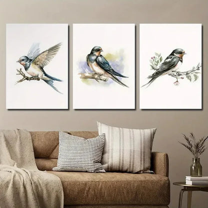 3pcs Bird Illustration on Tree Branch Wall Art Set Canvas Unframed - High Quality Print 100% Australian Made Wall Canvas - Bella Home Decor