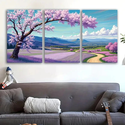 3pcs Road Through Purple Cherry Blossoms Wall Art Set Canvas Framed 50x70cm - High Quality Print 100% Australian Made Wall Canvas Ready to Hang