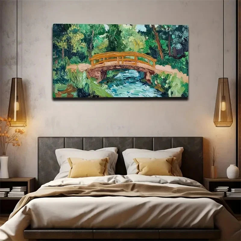 Serene River & Wooden Bridge Wall Art Canvas Office Home Room Framed 120x60cm
