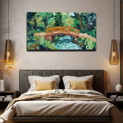 Serene River & Wooden Bridge Wall Art Canvas Office Home Room Framed 120x60cm