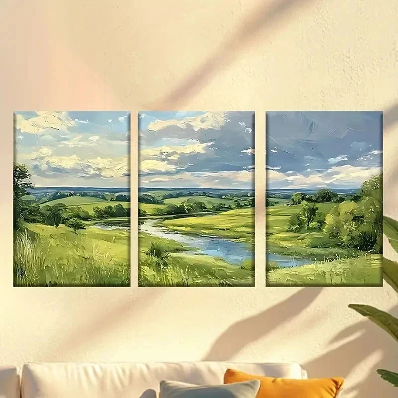 3pcs Painting of a River in a Field Wall Art Set Canvas Framed 60x90cm - High Quality Print 100% Australian Made Wall Canvas Ready to Hang