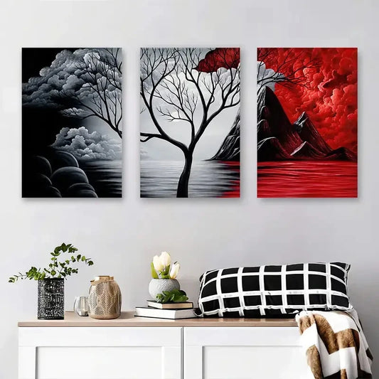 3pcs Minimalist Mountain and Tree Design Metal Print Ready to Hang Art